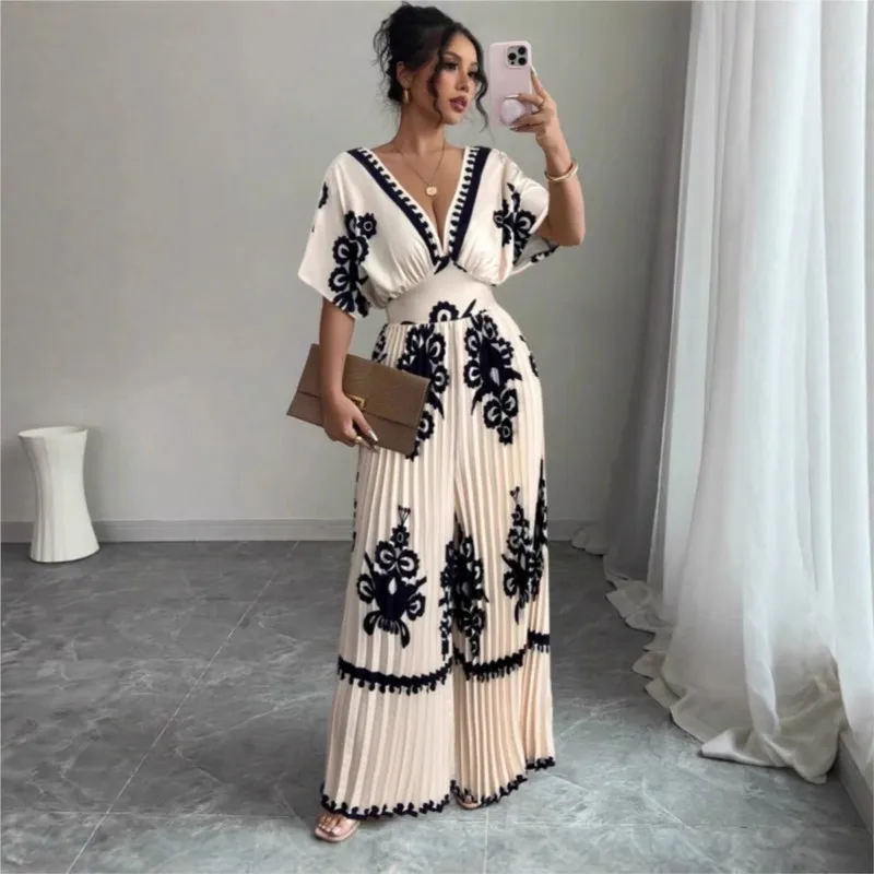 Tuta con pantaloni larghi a maniche corte stampata casual alla moda con scollo a V sexy per la nuova tuta a vita alta da donna primavera estate