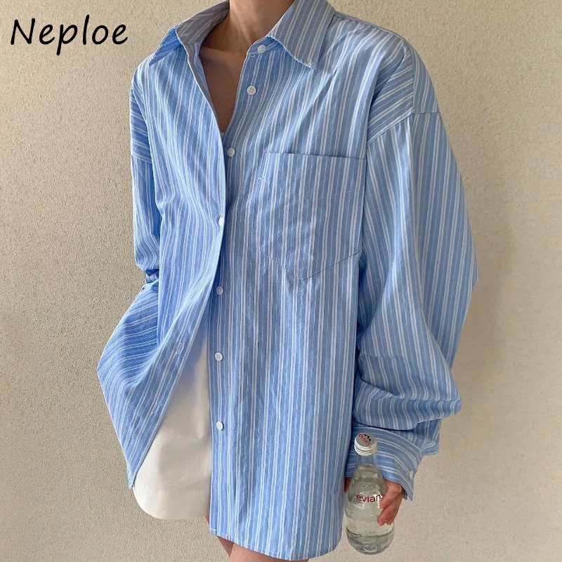 

Neploe Fashion All-match Striped Shirts Women Lapel Neck Single Breasted Blouses 2025 Early Autumn New Loose Blusas Mujer