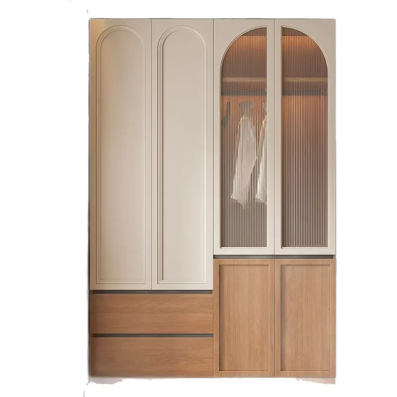 Large Size Medieval Style Segmented Solid Wood Glass Wardrobe with One Door European Simple Desk Top Free Handle Included