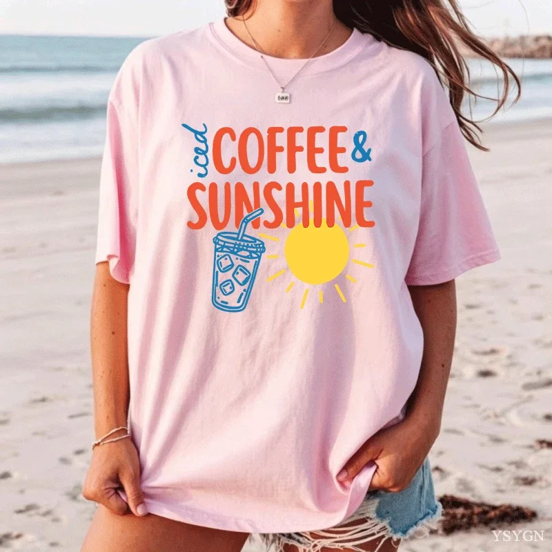 Iced Coffee and Sunshine T Shirt Summer Beach Iced Coffee Lover T-Shirt Trendy Summer Men Women Cotton Short Sleeve Tshirt