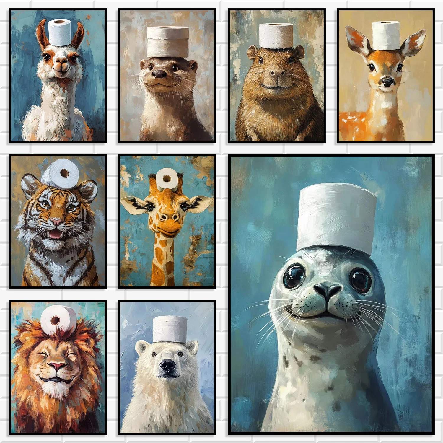 Diamond Painting Funny Animal Toilet Paper On Head Diamond Wall Art Humorous Lion Tiger Seal Llama Posters Prints Bathroom Res