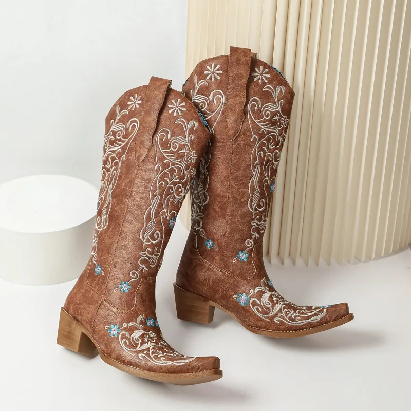 Embroidered Western Denim Vintage Knight Thigh Boots New Vintage Women's Square Heels view 3
