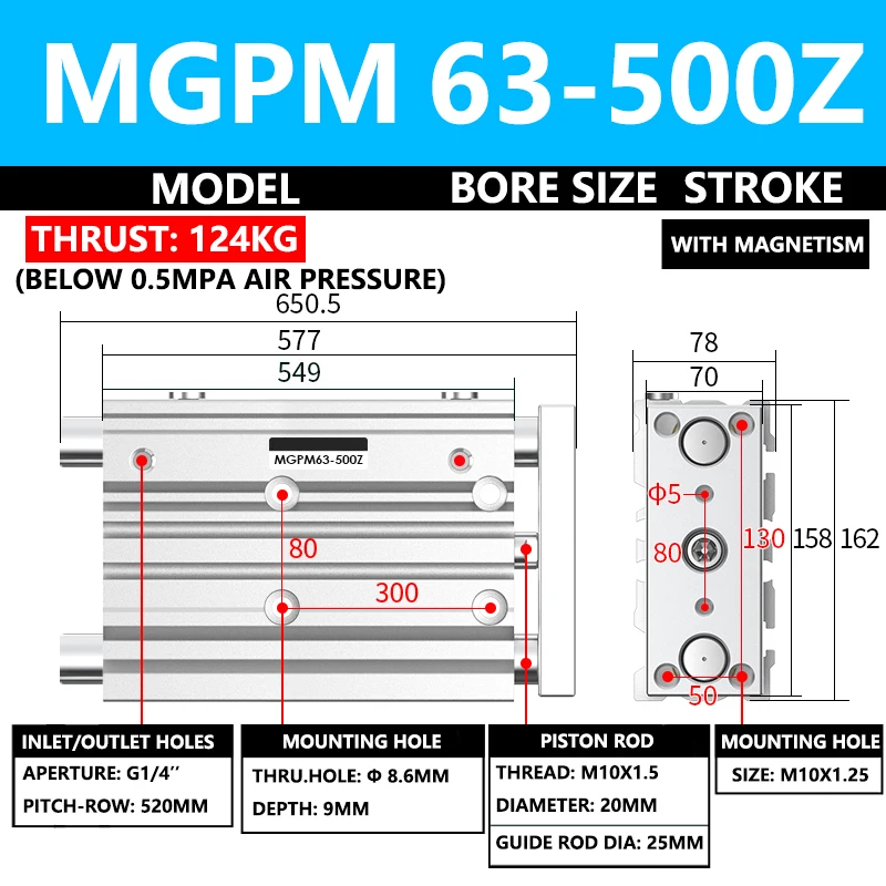 

ABILKEEN MGPM Series Pneumatic Compact Guide Cylinder MGPM63-500Z 63MM Bore X 500MM Stroke Three Axis Three Rod Air Cylinder