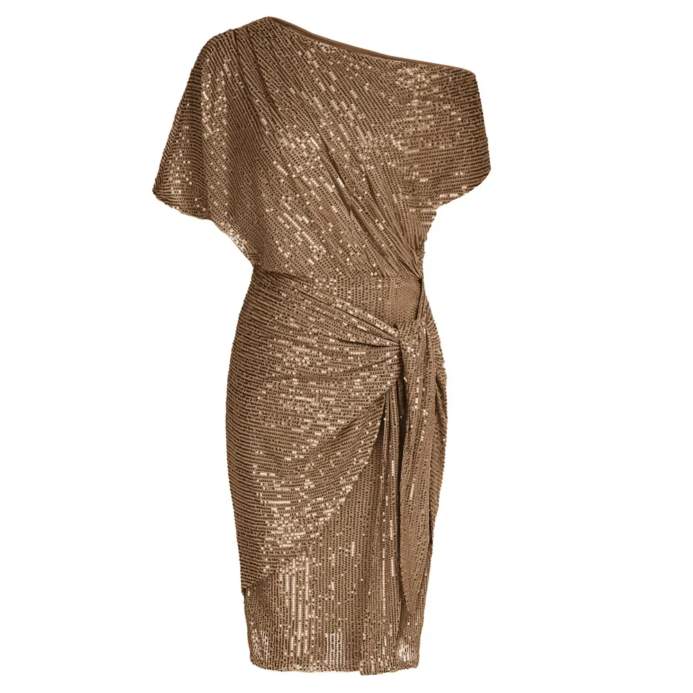 Elegant Party Dress Cocktail Dresses for Women Sequined Summer Ruched Short Sleeve Asymmetric Off Shoulder Bodycon Dress Vestido