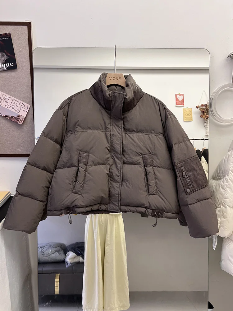 Moda de inverno nova jaqueta feminina commuter emenda gola versátil pato branco para baixo estilo curto jaqueta