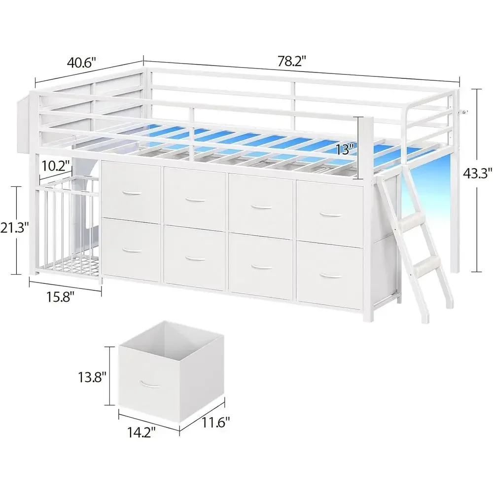 Twin Size Low Loft Bed with RGB Lights, 8 XL Drawers, Kids Play Area, 2-Step Ladder, Anti-Tip Kit (White) view 2