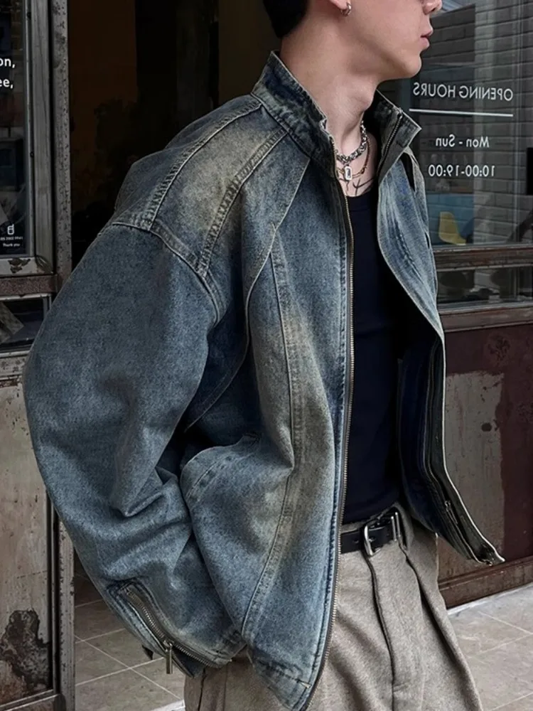 Men's Denim Jacket 2025 Autumn Deconstructed Denim Jacket Retro Trendy Bad Boy Vibe Stand Collar Zippered Casual Coat