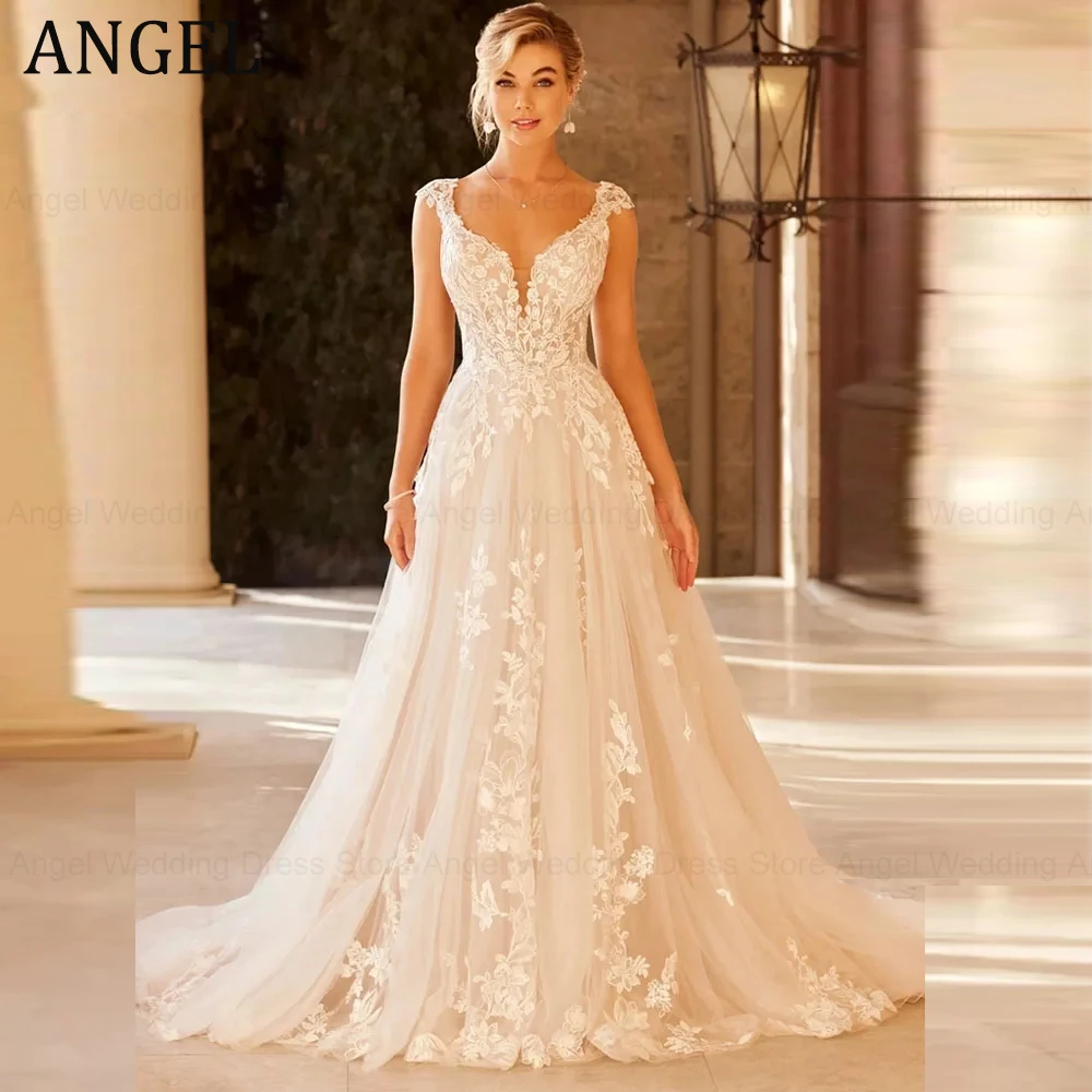 ANGEL Customized Elegant Wedding Dress For Women 2026 V-Neck Cap Sleeve Lace Appliques Vestido De Noiva With Button Sweep Train