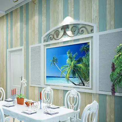 Blue Mediterranean wood grain nonwoven wallpaper Retro nostalgic bedroom living room TV background wall striped wallpaper.