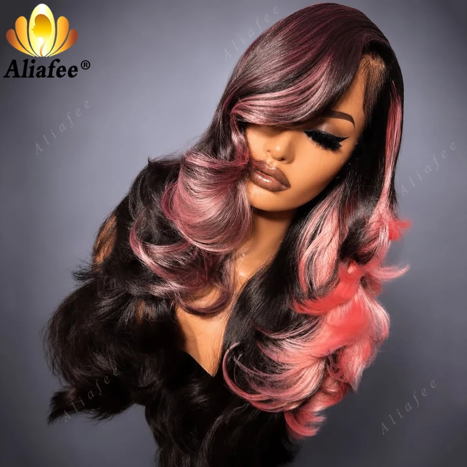 Top Quality New Color 1B Natural Black With Coral Pink Highlights Body Wave Wig 13x6 Transparent Lace Frontal Human Hair Wigs