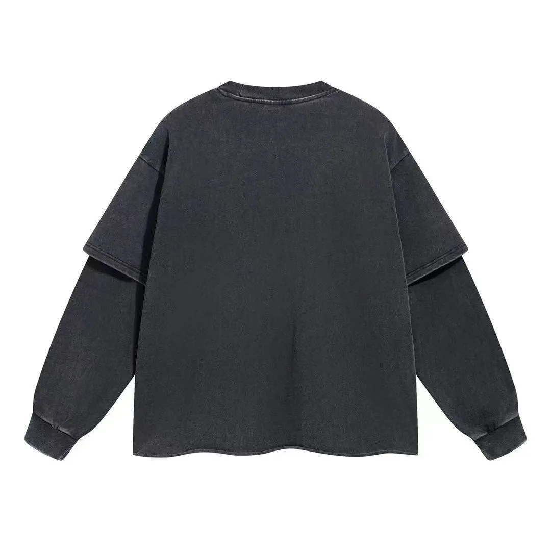 

Long Sleeve Retro Tops Tees Men Oversized Vintage Fake two pieces T-Shirts Cotton Casual Classic T Shirt Male Clothes Streetwear