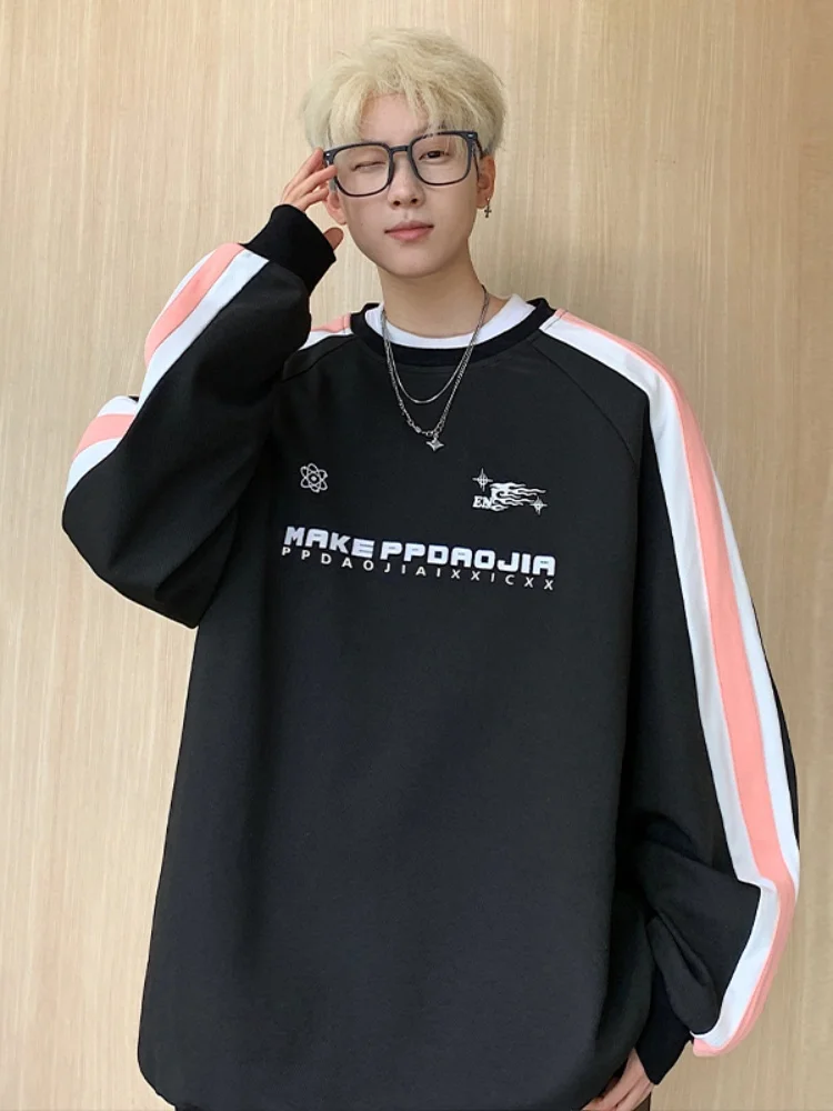 

American Style Heavyweight Hoodie Men's Spring Autumn Long Sleeve round Neck Loose Large Size Base Shirt Color Block Design