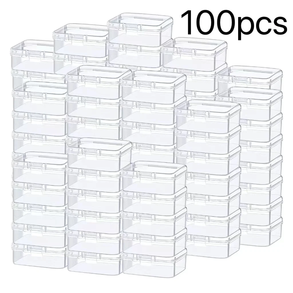 

100 шт. прозрачные пластиковые контейнеры для хранения бусин, маленькие прозрачные коробки с откидной крышкой, пластиковый чехол, мини-квадратный чехол для рукоделия