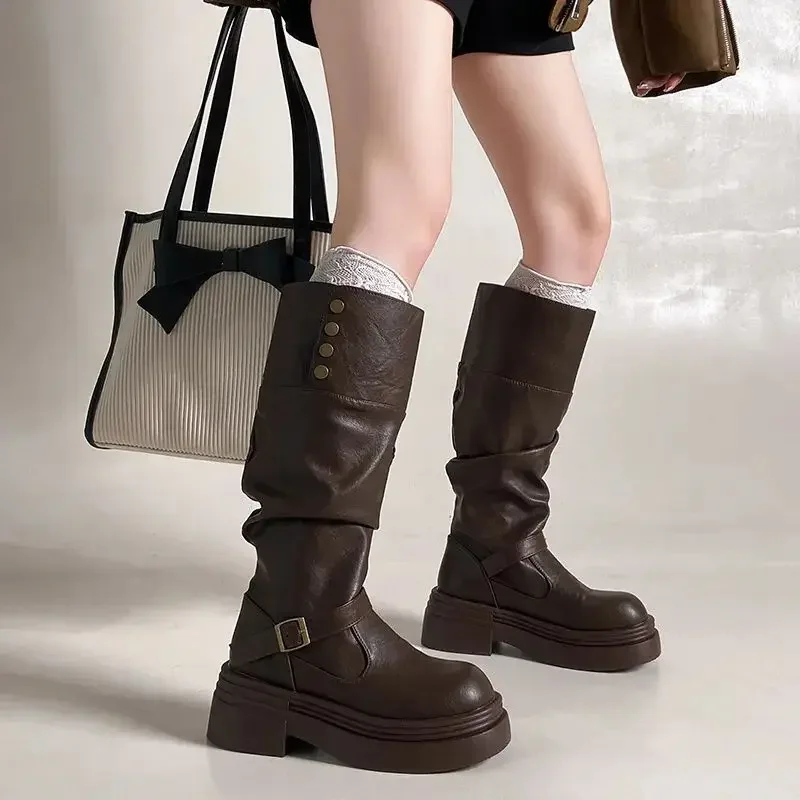 2026 Neue Damen-Overknee-Stiefel, klobige Plateau-Reiterstiefel, Frühling/Herbst, modisches Design mit zweifach faltbarer Manschette – Detail 6
