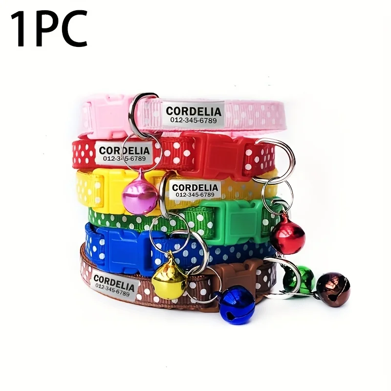 Verstellbarer Polka-Dot-Halsband mit Glocke, Langlebiges Namensschild, Gravierbare Telefonnummer des Besitzers und Haustiernamen