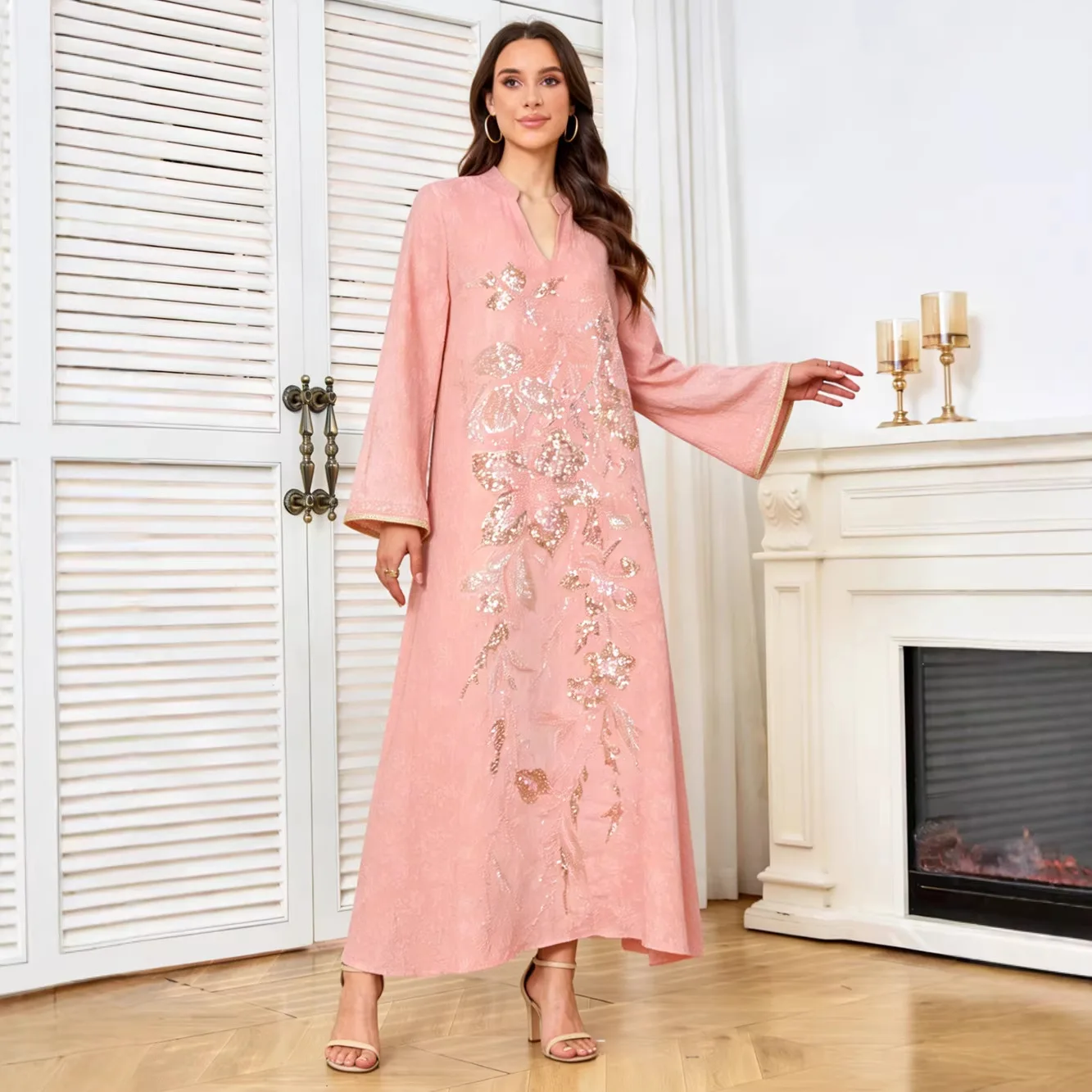 V-neck Long Sleeve Ankle Length Sequins Trendy Casual Elegant Luxury Abaya Dresses Middle East Muslim Arabian Female Jalabiya