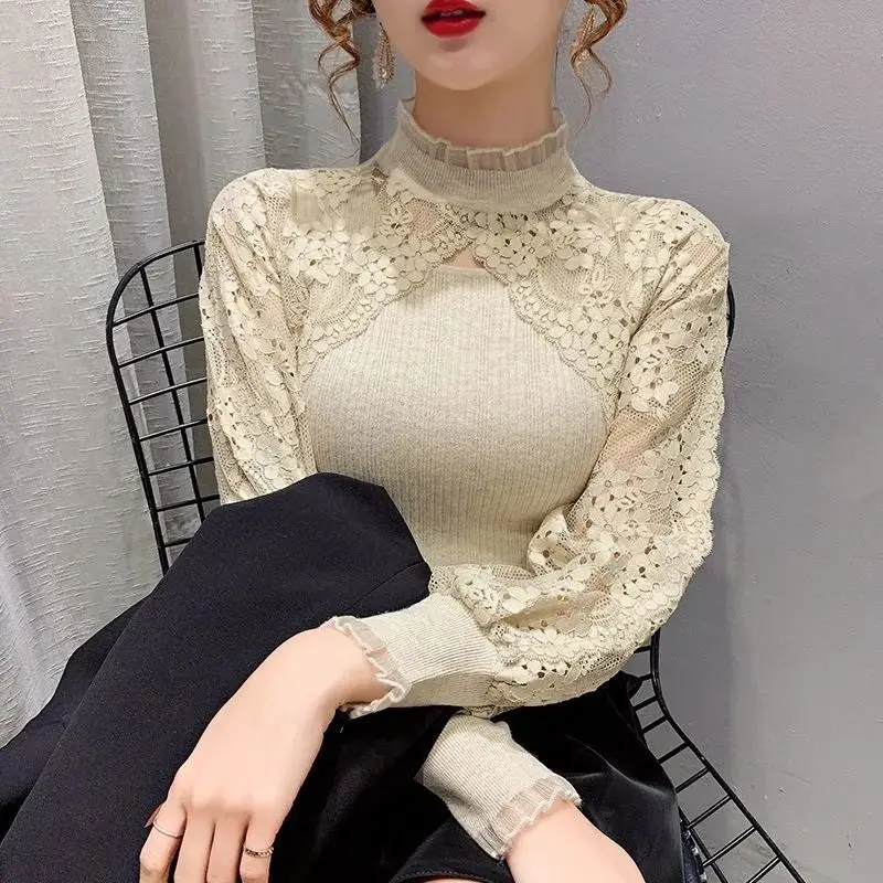 Half High Neck Solid Color Knitted Sweater for Women Stylish Plus Size Lace Long Sleeved Sweater Women\'s Slimming Base Shirt