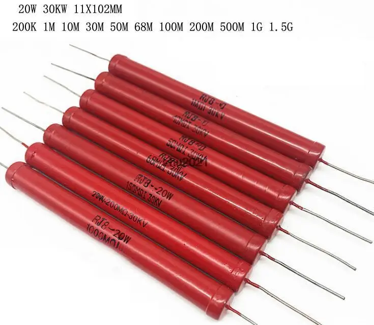 20W 30KV 5%-10%  11x102mm High Voltage Bar Glass Glaze Film Resistor Red  200K 1M 10M 30M 50M 68M 100M 200M 500M 1G 1.5G Ohm