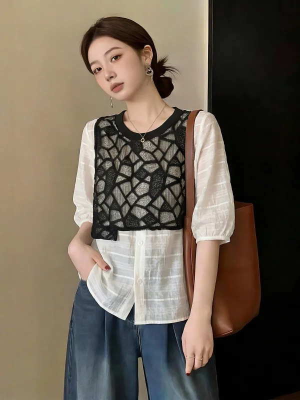 

Fashionable Short Sleeve Shirt Women's Summer New Style plus Size Cover Belly Trendy Age Reduction Top Korean Style Commute Wind