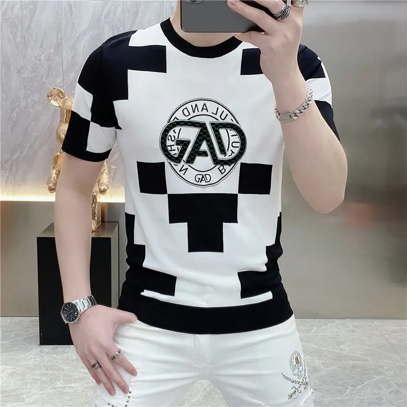 Summer New Personalized Colorblock Short Sleeve T-shirt for Men\'s Fashion Letter Printing Slim Fit Youth Versatile Half Sleeve