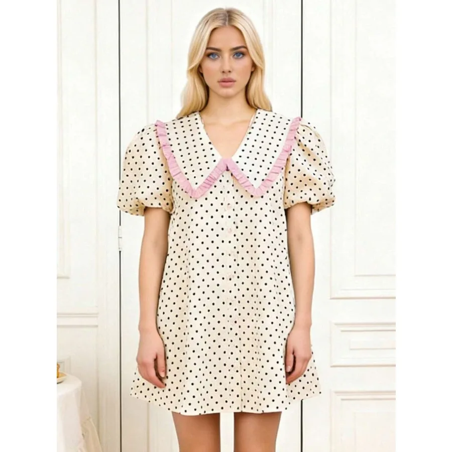 

【New style】Women's Baby Doll Mini Dress Summer Floral Print Loose Bubble Short Sleeve Collared Dress
