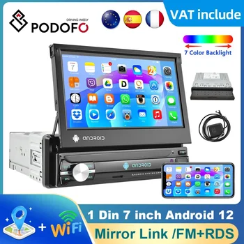Podofo 7" 1Din Android Universal Car Radio GPS Navigation Car Multimedia Player Bluetooth FM Manual Retractable Screen For VW