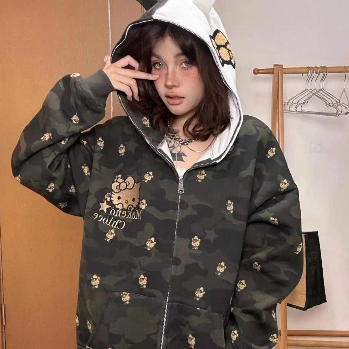 Sanrio Hello Kitty Y2K Jacket Zipper Cardigan Hoodie Camouflage Blouse Sweatshirts Autumn Long Sleeve Sweater Jacket for Female