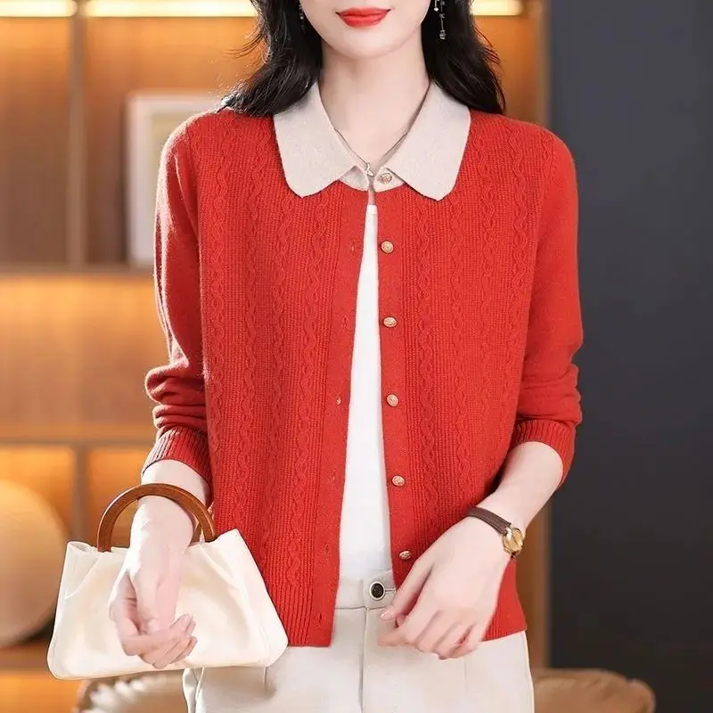 Cárdigan de punto para mujer, abrigo de otoño-invierno con solapa y combinación de colores, suéter, chaqueta de punto, camisa interior, prenda exterior