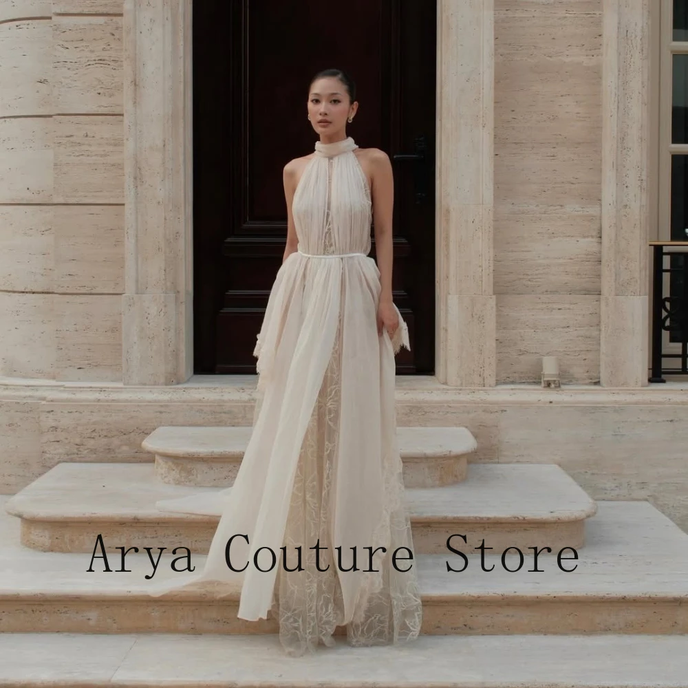 Ivory Cream Halter Neck Keyhole Cutout Lace Lining Thin Waist Belt Layered Chiffon Overlay Sweep Train Bridal Wedding