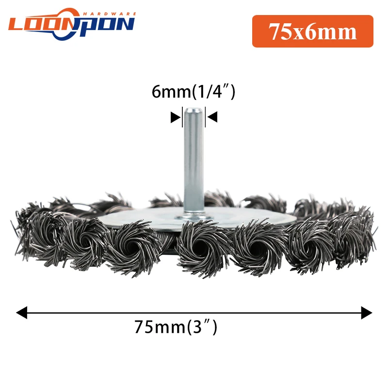 Loonpon 75/100mm Knotted Wire Brush 6mm Shank Twisted Wire Wheel Brush for Metal Polishing Cleaning Removing Paint Rust