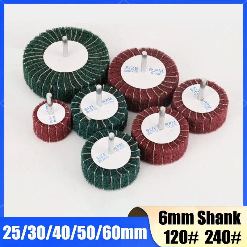 

6MM Shank 25~60mm Non-woven Flap Sanding Wheel Fiber Abrasive Scouring Pad Polishing Grinding For Metal Cleaning Head Nylon