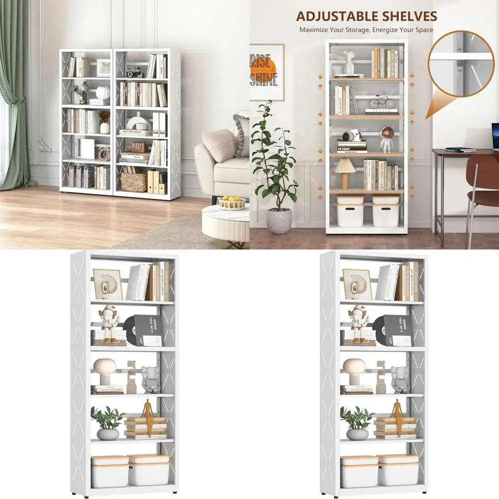 

5-ярусная регулируемая металлическая книжная полка, высокие белые стеллажи для хранения для гостиной и домашнего офиса