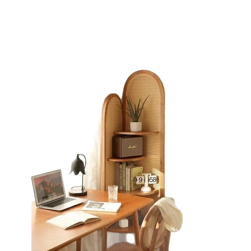 Furniture Triangle Shelf Solid Wood Rattan Sofa Back Black Floor Display Corner Wall Book Cabinet Storage