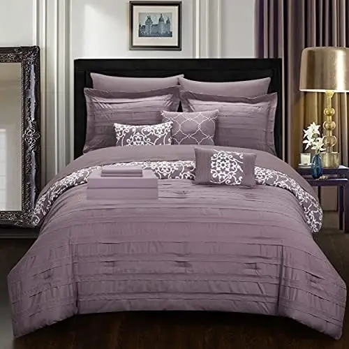 

10 Piece Lea Complete Pleated Ruffles and Reversible Printed Bed in Bag Comforter Set of Sheets, Queen, Plum