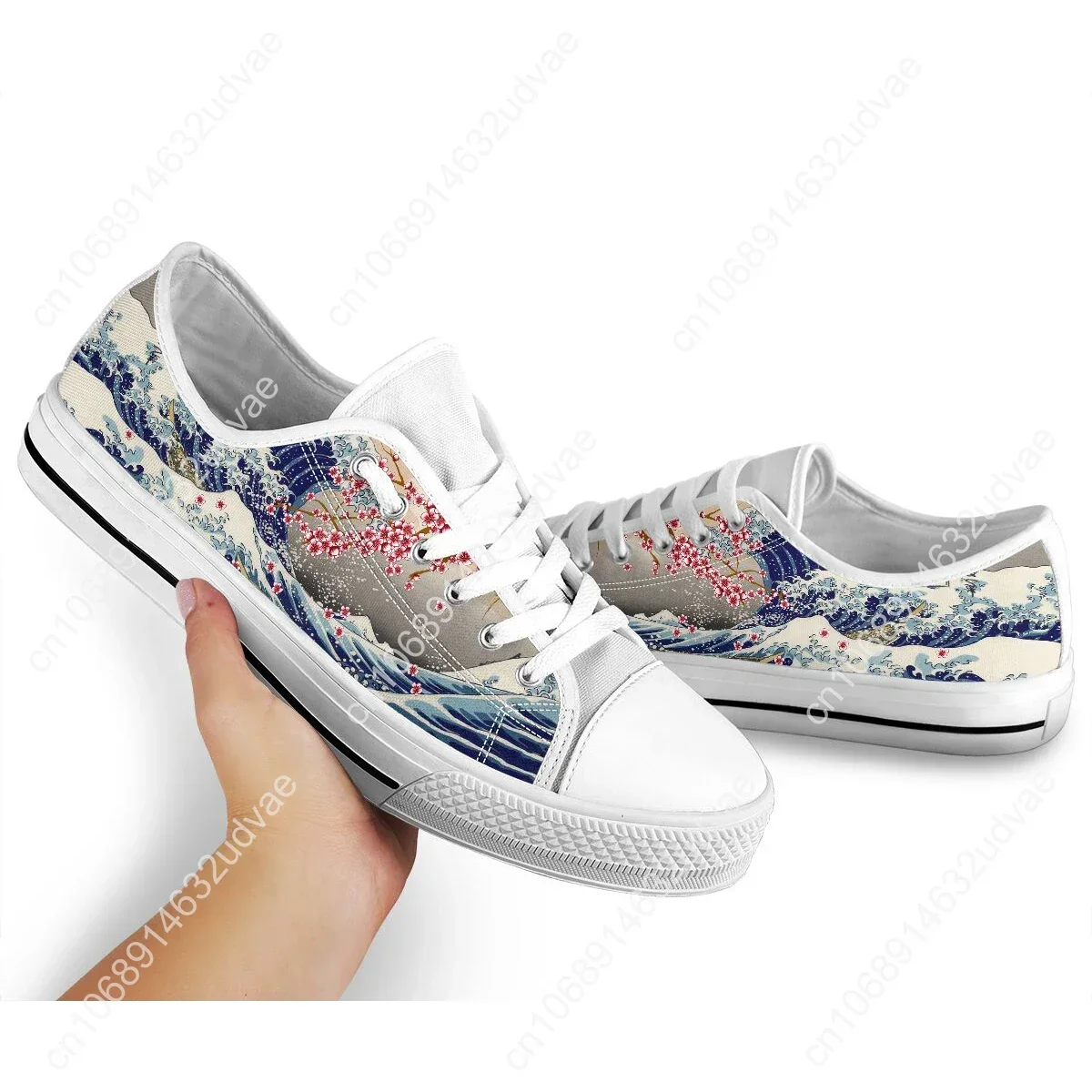 The Great Wave Saruka Flower Women Casual Flat Shoes Lace-up Loe Top Canvas Sneakers Big Size 45/46