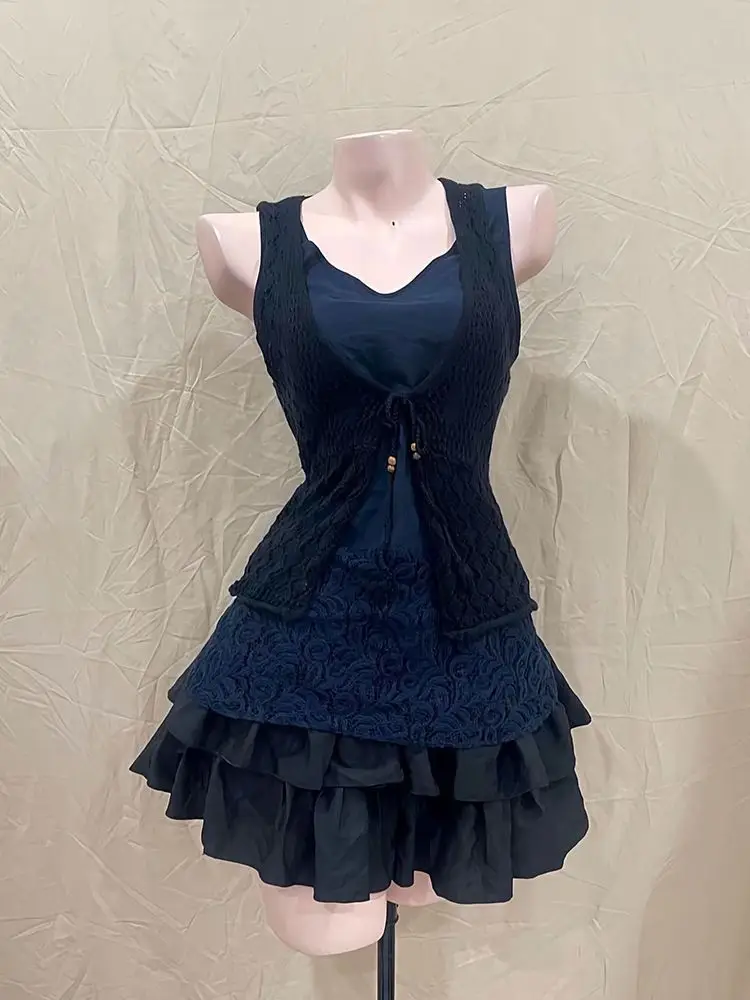 

Vintage High street skinny suit Women's darkly harajuku Warm sling vest Sleeveless Tops elegant chic retro Elastic Waist Set new