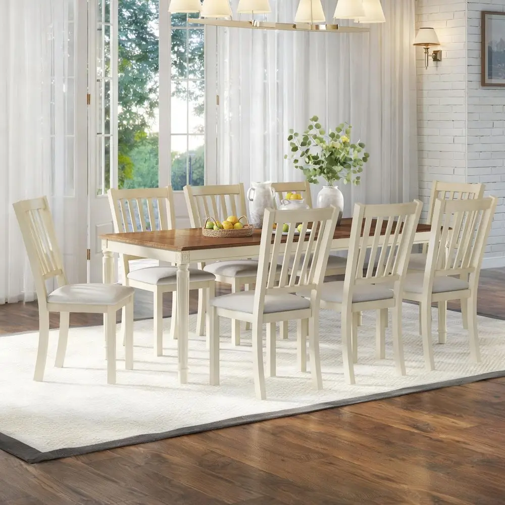 Juego de mesa de comedor de madera maciza estilo rústico de 9 piezas con 8 sillas tapizadas, patas cónicas romanas, capacidad para hasta 8 personas, mesa de comedor de 79 pulgadas.