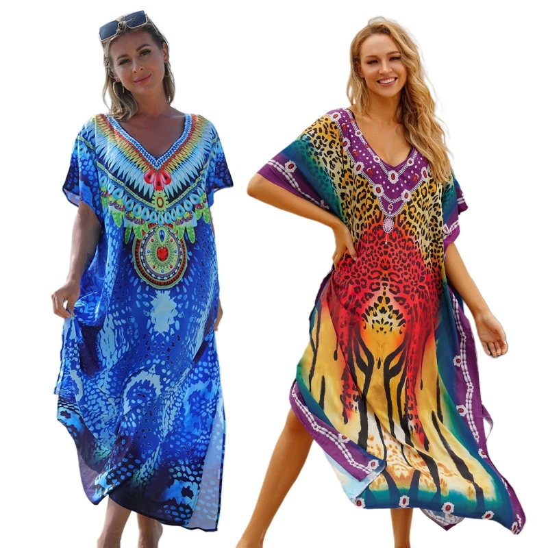 Vestido banho kaftan colorido para mulheres, meninas, saída biquíni longo