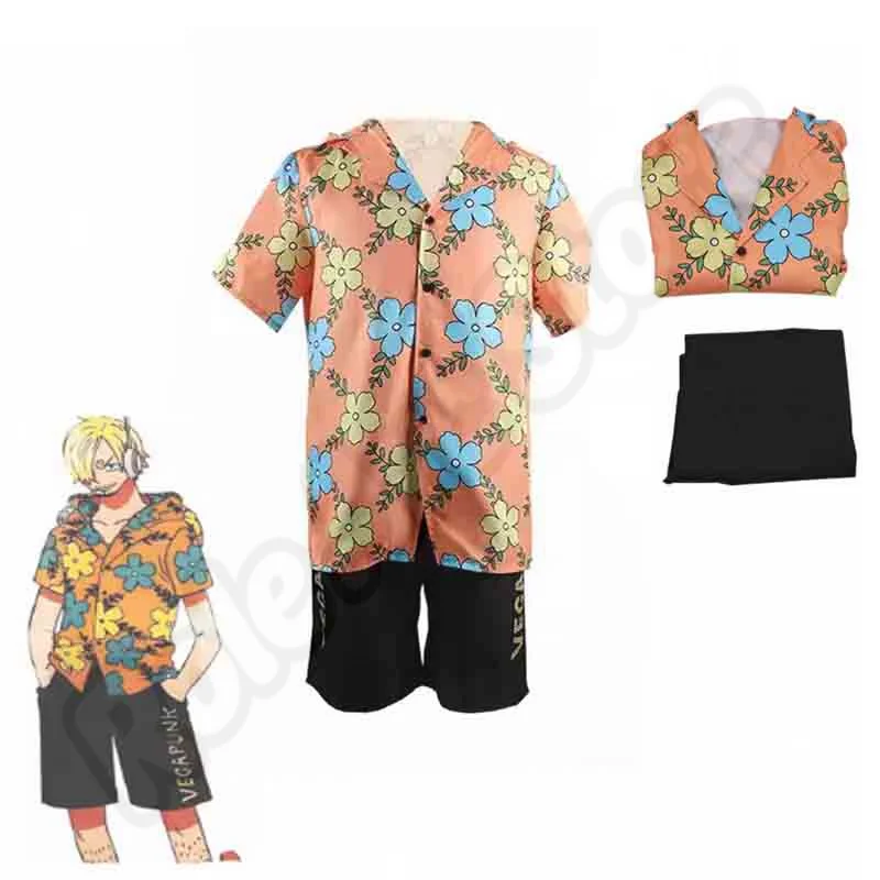 

Anime Sanji Egghead Arc Cosplay Costume Short Sleeve Shirt Pants Wig Set Men Halloween Role Play Outfit