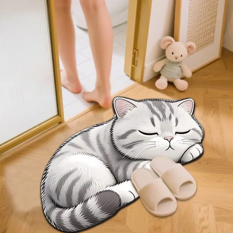 VIKAMA Grey Cat Shaped Sleeping Slipper Cute British Shorthair Pet Art Flannel Door Mat Non Slip Entryway Bedroom Living Room
