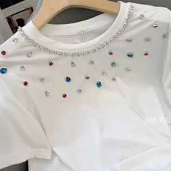 Luxury Colorful Rhinestones Short Sleeve Modal Cotton Tshirt For Women Summmer Slim T Shirt Tops Tees Korean Popular Clothes