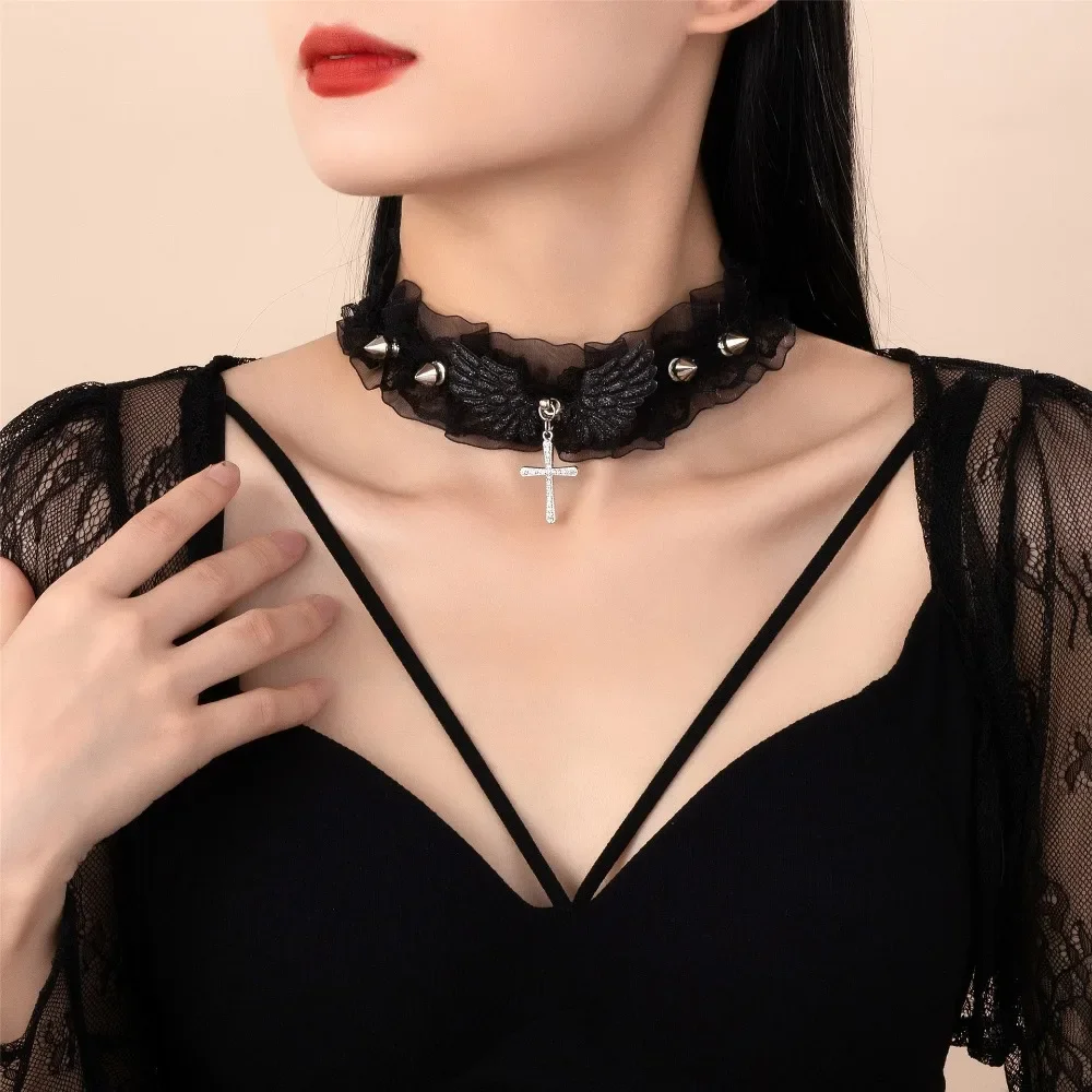 Gothic Ruffle Lace Angel Wings Cross Pendant Choker Spike Rivet Necklace for Women Punk Y2k Dark Aesthetic Cosplay Neck Jewelry