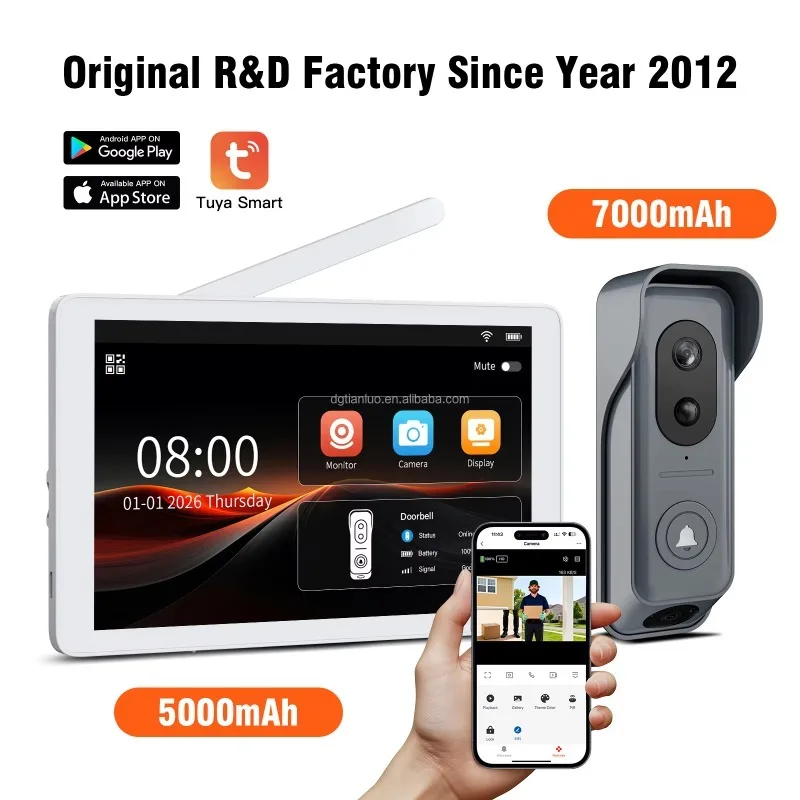 Dual-head smart wireless video doorbell with an 8-inch HD touchscreen, two-way intercom, and motion detection
