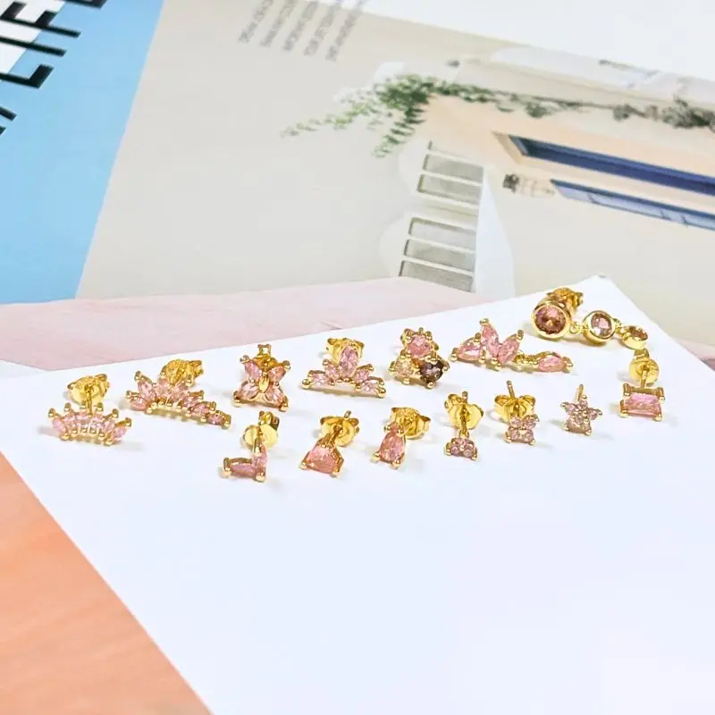 Luxurious geometry 925 sterling silver ear Needle pink series zircon pendant hoop earrings sweet fashion wedding jewelry gifts