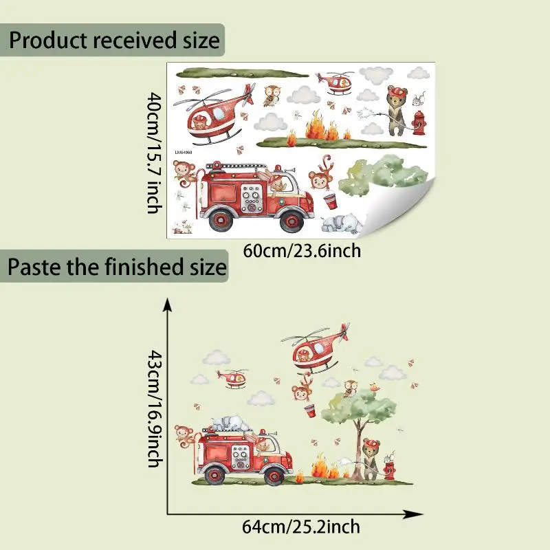 Cartoon Animal Fire Fighting Truck Removable Wall Stickers for Nursery Kids Room DIY Art Home Decor