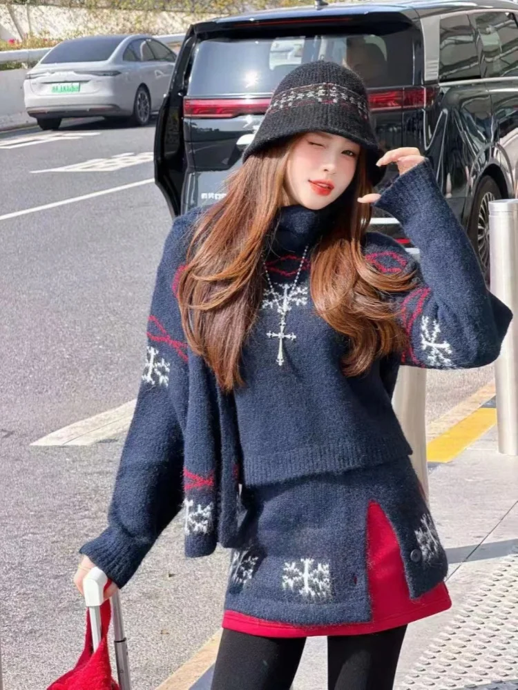 

Ladies Chic Lazy Sle Sweater Skirt Set Breathable Medium Thin round Ne Pullover Faionable Autumn Winter Outfit