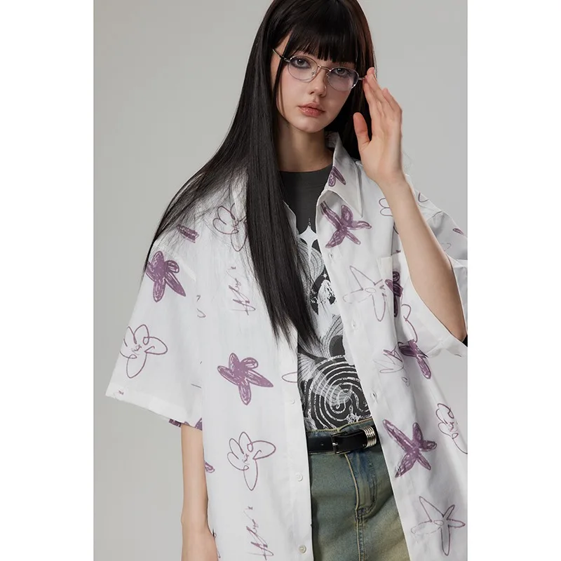 NXXTRESS Shirts Women Daily Ulzzang Loose Students Floral Printing Design Fashion Summer Collar Vacation Short Sleeve Shirt Tops