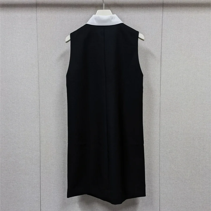 【هدية مجانية】 فستان فرنسي متخصص لخريف وشتاء 2025 بياقة قميص متباينة مكشكش بدون أكمام فستان سترة مستقيمة #4