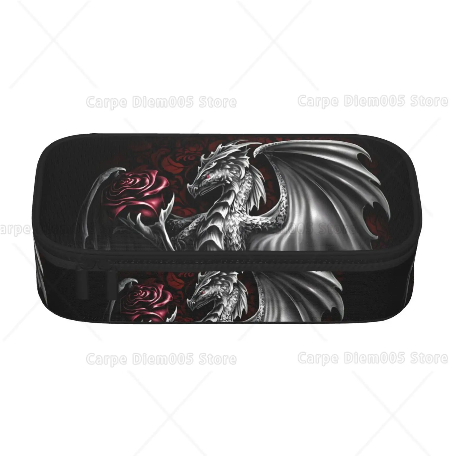 Dark Gothic Silver Dragon Red Rose Pencil Case Zippered Student School Supplies Organizer, Cool Cosmetic Storage Gift