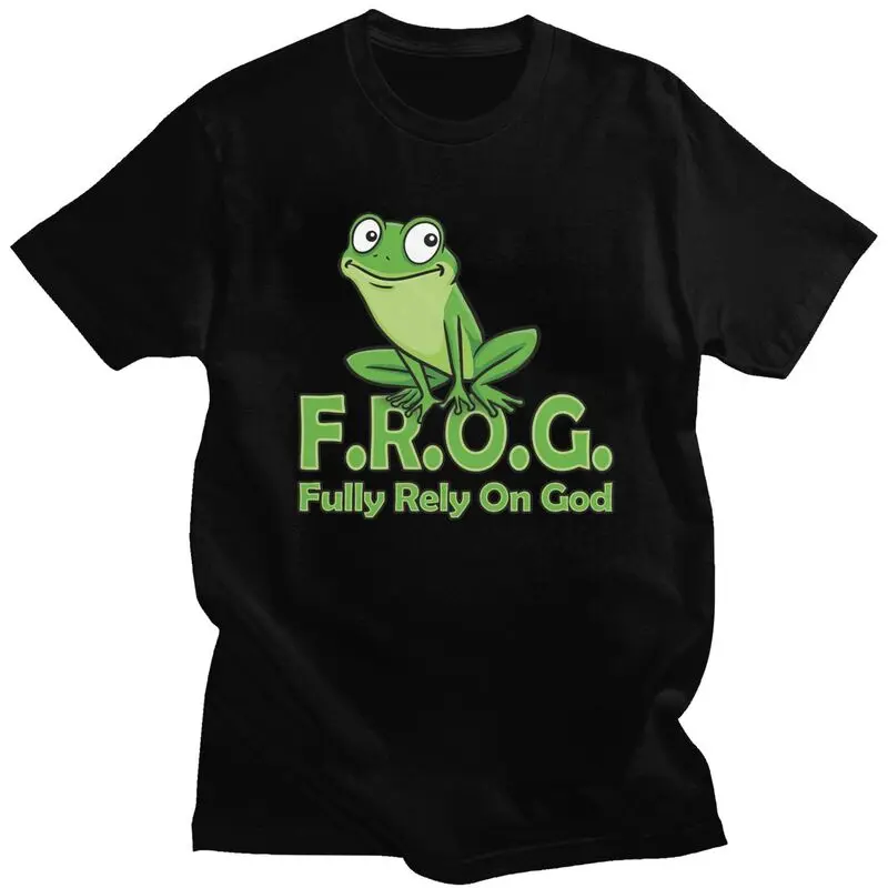 Custom Frog Fully Rely On God Tshirts for Men Short Sleeves T Shirt Cool T-shirt Slim Fit 100% Cotton Tee Gift